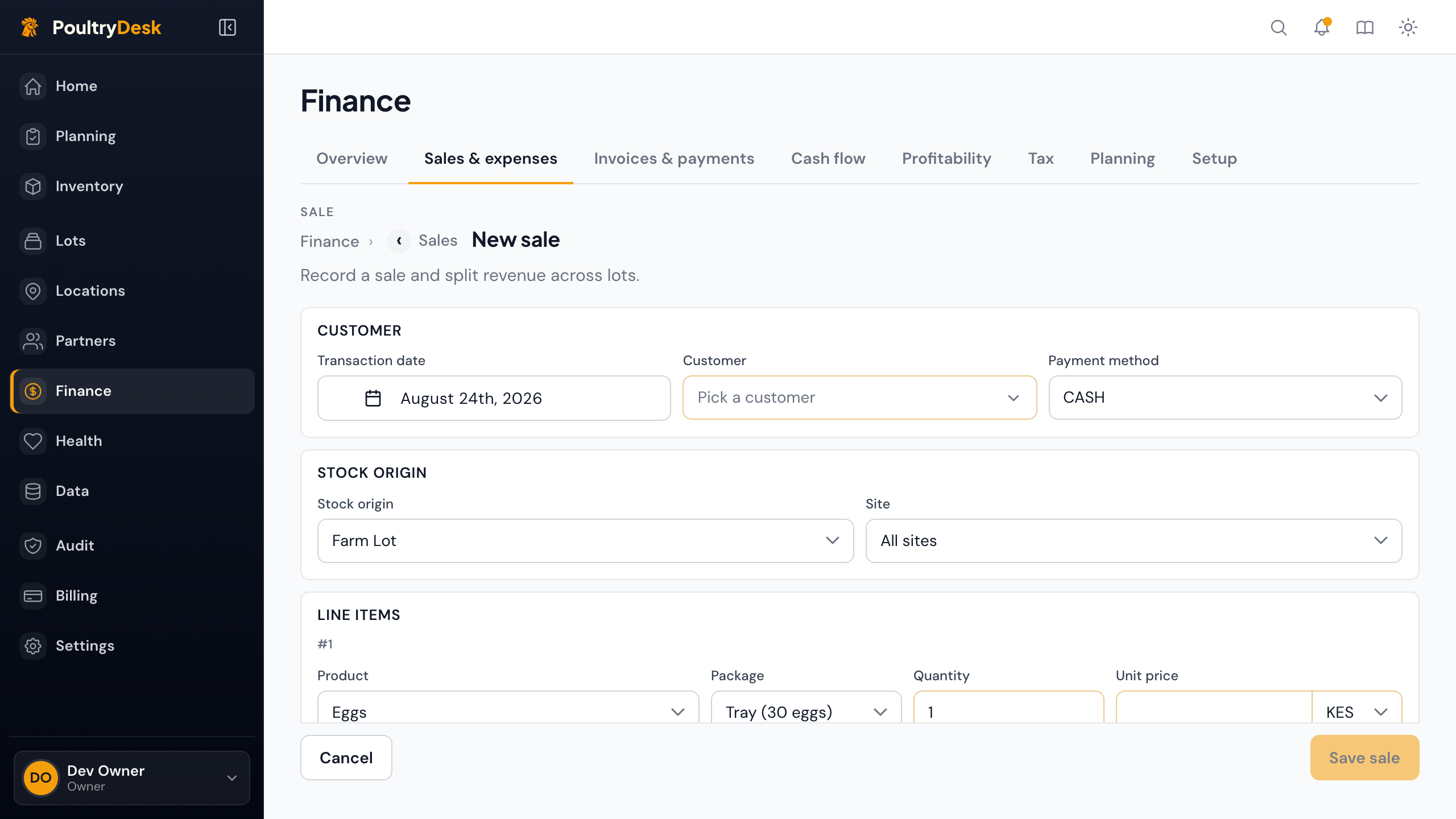 The New sale screen on a phone: a transaction date, a customer picker, a payment method, and the Stock origin field set to Farm Lot, with Save sale at the bottom.